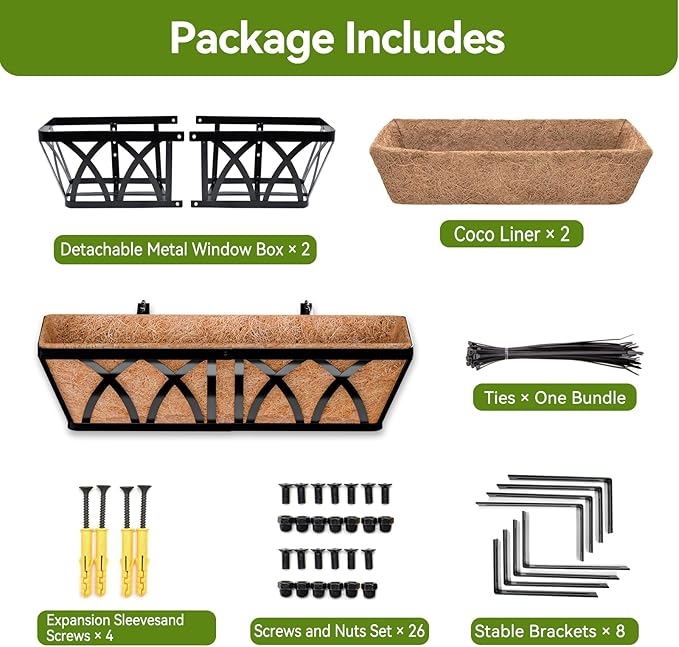 Halatool 2 Pack Heavy-Duty Metal Deck Railing Planter Box, 24 Inch Rust-Resistant Rectangular Window Boxes Planters with Coco Liner & Adjustable Brackets, Grow More On Your Balcony, Patio & Fence
