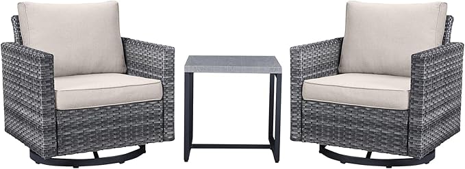 Belord Outdoor Bistro Set 3 Piece Wicker Swivel Rocker Patio Chairs, Oversize Outdoor Rattan Seating Set, Patio Swivel Glider Chairs Wicker Furniture with Metal Side Table for Porch Outside Backyard