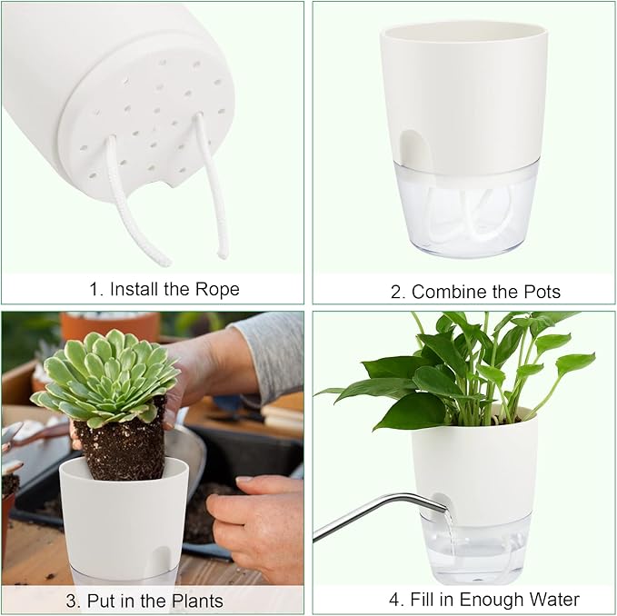 ShineMe Self Watering Pots, 5 Pack Self Watering Planters for Indoor Plants, 4.1 inch Plastic Plant and Flower Pots for African Violets, Herbs, Aloe, Peace Lily with Absorbent Cotton Rope