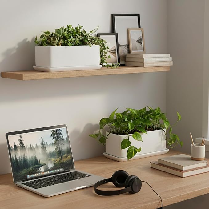 MyGift 10 Inch Modern Unglazed White Ceramic Indoor Plant Pot with Drainage Hole, Rectangular Succulent Planter Window Box with Removable Saucer, 2 Pack
