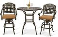 VIVIJASON 3-Piece Outdoor Swivel Bar Stools Set, All Weather Cast Aluminum Patio Bar Height Bistro Set with 2 Cushioned Bar Chairs & 38.5" High Bar Table w/Umbrella Hole for Backyard, Lawn, Garden