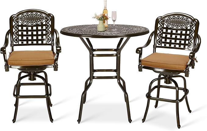 VIVIJASON 3-Piece Outdoor Swivel Bar Stools Set, All Weather Cast Aluminum Patio Bar Height Bistro Set with 2 Cushioned Bar Chairs & 38.5" High Bar Table w/Umbrella Hole for Backyard, Lawn, Garden