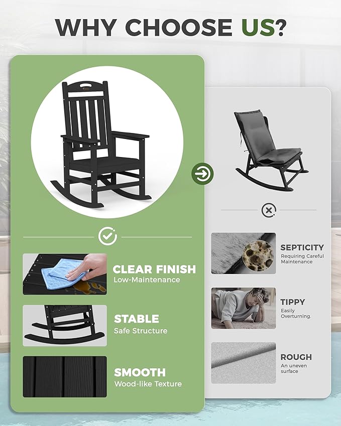 Oversized Outdoor Rocking Chairs Set of 4, High Back Porch Rocker Chair, HDPE All Weather Resistant Rocking Chairs for Patio, 380lbs Weight Capacity, Black