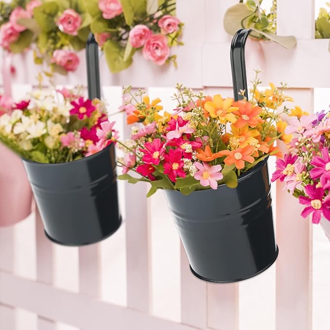 KINGLAKE Flower Pots,10 Pcs Metal Iron Hanging Flower Plant Pots Balcony Garden Plant Planter Baskets Fence Bucket Pot 4'' Flower Holders with Detachable Hook Black