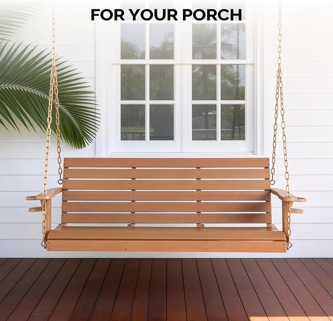 VINGLI Heavy Duty 1600 LBS HDPE Porch Swing Outdoor with Rotatable Cup Holder, 5 FT Patio Bench Swing with Adjustable Chains, 3 Person Hanging Porch Swing Chair for Porch, Yard, Tree, Garden - Teak