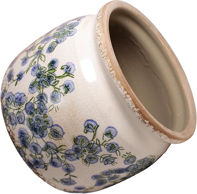 Ceramic Planters Spring Decor, 6.29in Country Cottage Plant Pots with Drainage Hole for Indoor Plants & Succulent, Vintage Crackle Glaze Finish Flower Vase, Home Decor Gifts, Deep Blue Floral