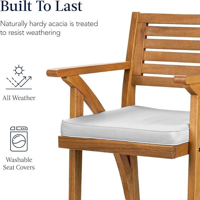 Best Choice Products Set of 2 Outdoor Acacia Wood Bar Stools Bar Chairs for Patio, Pool, Garden w/Weather-Resistant Cushions - White Sand