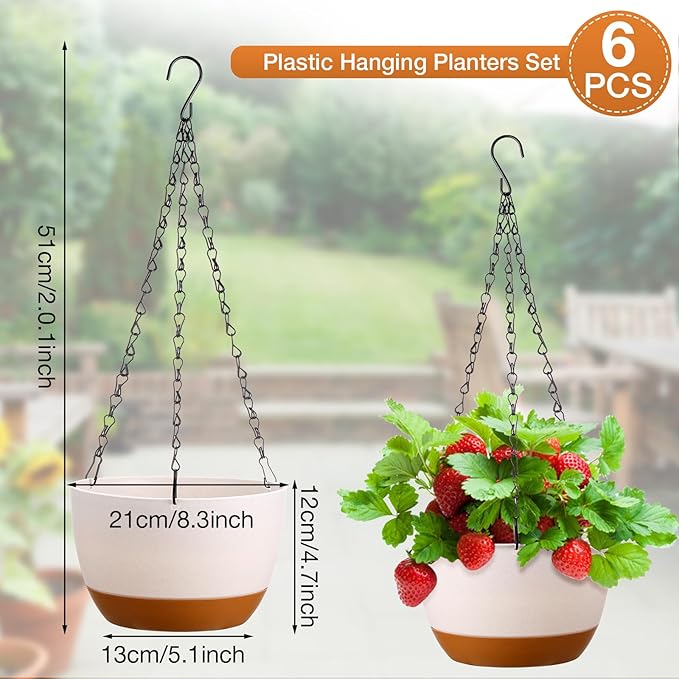 Mumufy 6 Pcs 8 Inch Hanging Planter for Indoor and Outdoor Plants Plastic Hanging Flower Pots with Drainage Hole and Removable Saucer Hanging Plant Holder Plant Hanging Basket (Mixed Colors)