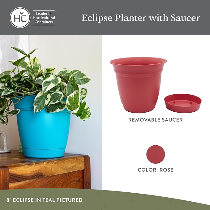 The HC Companies 16 Inch Eclipse Round Planter Pots with Drainage Holes & Attached Saucer, Lightweight UV-Resistant Plastic Indoor & Outdoor Planters, 2-Pack Flower Pots for Garden & Home Decor, Rose