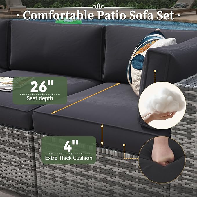 Aoxun 6 Piece Patio Furniture Set with Wide Armrests Wicker Rattan Outdoor Sectional Sofa Set with Coffee Table and Thickened Cushions, Grey/Black(Waterproof Cover Included)