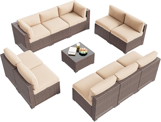 Aoxun Patio Furniture Set, 11 Piece Outdoor Sectional Sofas with Waterprool Cover, 10 Seats Wicker Rattan Outdoor Furniture Patio Conversation Set for Backyard, Garden (Brown Rattan Begin Cushions)