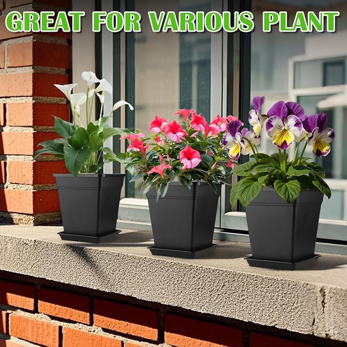 6 inch Plant Pots, 10 Pack Flower Pots Outdoor Indoor, Square Plastic Planter with Drainage Holes and Saucers, 0.5 Gallon Planter Pots for Plants Deep Capacity Garden Pot Container with Tray