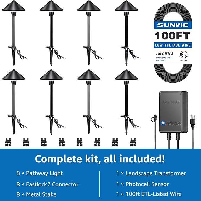 SUNVIE All-In-One LED Low Voltage Landscape Lighting Kit, 8 Pack Pathway Lights with Connector Transformer and 100FT Low Voltage Wire, 3000K Landscape Lighting for Path Walkway Garden Yard