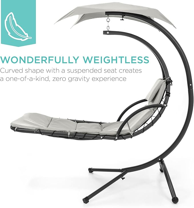 Best Choice Products Outdoor Hanging Curved Steel Chaise Lounge Chair Swing w/Built-in Pillow and Removable Canopy - White Sand