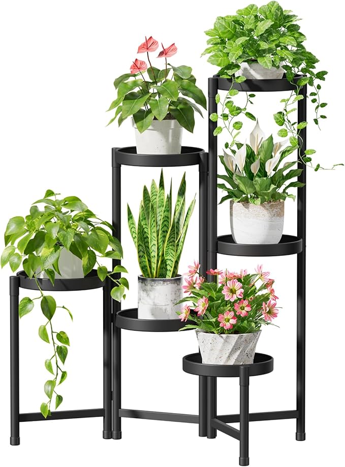 iDavosic.ly Plant Stand Indoor Outdoor, 6 Tier Corner Metal Flower Display Holder Shelf, Easy Assembly Folding Tall Orchid Rack for Patio Balcony Porch Garden Living Room House, Black