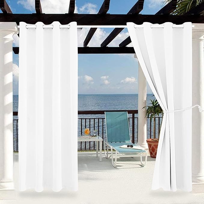 Outdoor Indoor Curtains W52 x L63 for Patio - Weather-resistant Window Panels Privacy Protect Grommet Top Thermal Insulated Home Curtain for Porch Pergola Hot Tub Area (Pure White, 2 Panels)