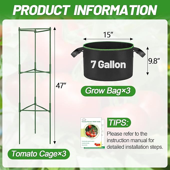 ANPHSIN 3 Sets Tomato Cages with 7 gal Grow Bags - 47'' Stable Plant Garden Planters, Flexible Vegetable Trellis for Balcony Deck Yard Tomatoes Peppers Eggplants Flowers