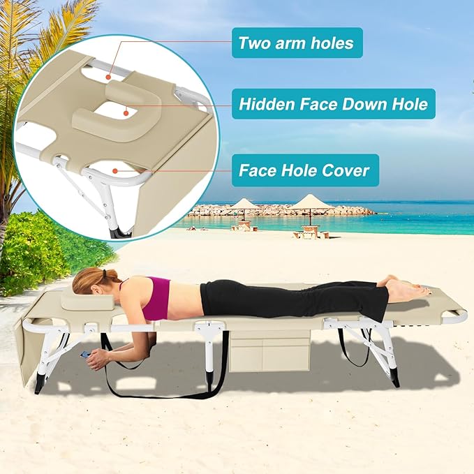 ABORON Oversized Folding Sun Tanning Chair, 3 in 1 5-Position Adjustable Outdoor Heavy Duty Chaise Lounge Chairs, with Face & Arm Holes, Mattress, Pillow, for Beach Pool Lawn Yard Patio