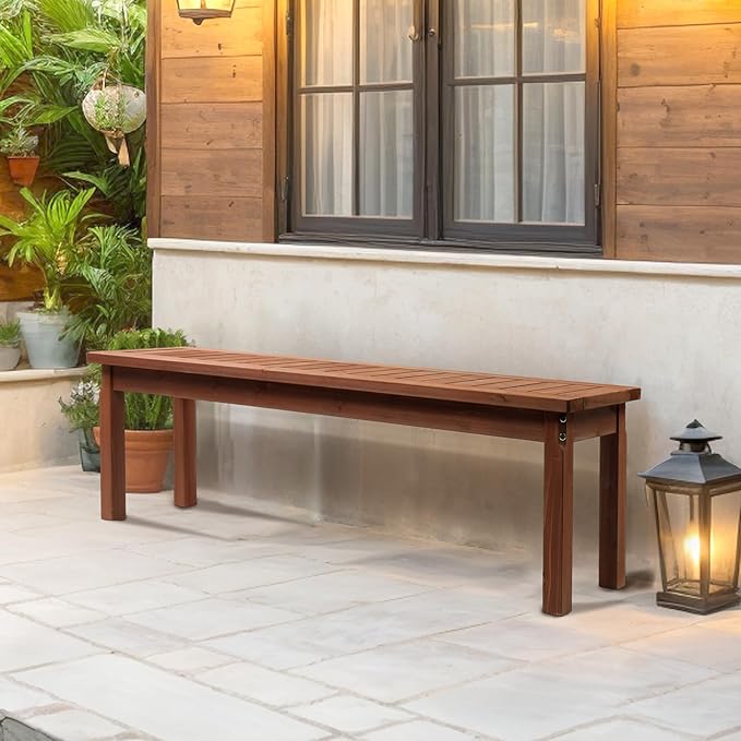 VINGLI Outdoor Wooden Bench, 62” Porch Bench Outdoor Backless Garden Bench, Small Outdoor Bench for Deck Patio Entryway (Brown, 62in)