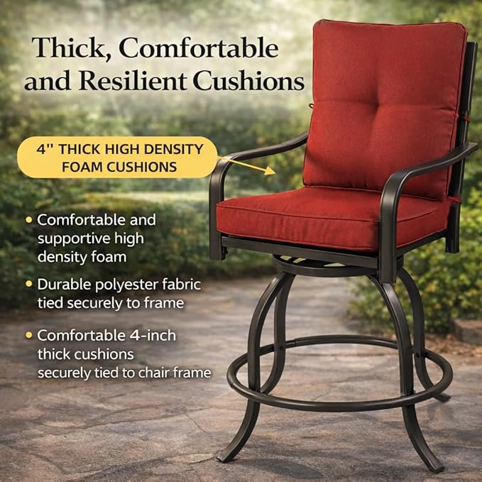 Kozyard Isabella Outdoor Swivel Bar Chairs, Counter Height Patio Bar Stools Set of 2 with Cushioned Seats, All-Weather Metal Bistro Chairs for Backyard Dining (Burgundy, with Cushion)