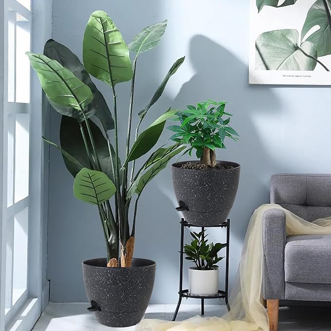12inch 2Pack Large Self Watering Planters, Plastic Plant Pots with 60oZ Removable Deep Reservoir and Multi Mesh Drainage Holes for Indoor Outdoor Garden Plants and Flowers, Black Speckles
