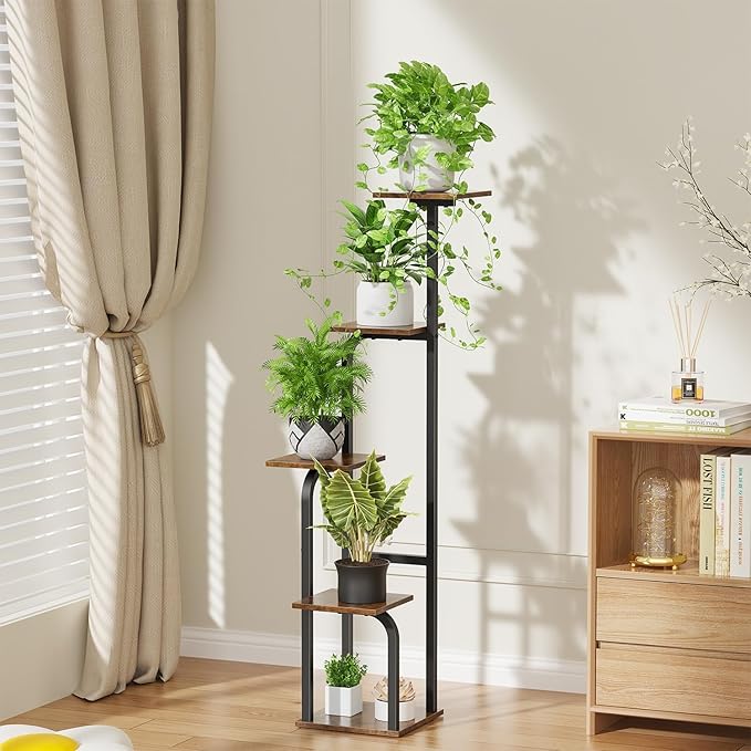 5 Tier Plant Stand Indoor, Plant Shelf for Multiple Plants, Flower Pot Holder Shelf, Planter Display Rack for Patio Garden Balcony Living Room Bedroom Decor, Rustic Brown