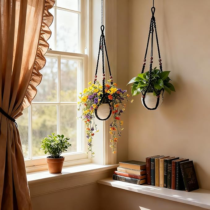 35 Inch Macrame Plant Hanger, Large for up to 15 Inch Pot Extra Long Hanging Planter Holder Basket with Wood Beads for Indoor Outdoor Home Decor (Black, 1-Pack)