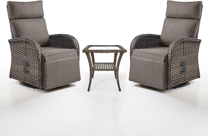 Dual-Adjust Swivel Outdoor Recliner Chair Set of 3 - Reclining Patio Chair with Adjustable Backrest and Footrest, All-Weather Wicker Chaise Lounge Outdoor with Side Table for Pool Deck Brown