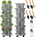 Umigy 2 Set of 7 Tier Vertical Planter Stackable Tower Planters Strawberry Herb Flower and Vegetable Pots Indoor Outdoor Gardening Pots with Removable Wheels and Tools(Light Gray)