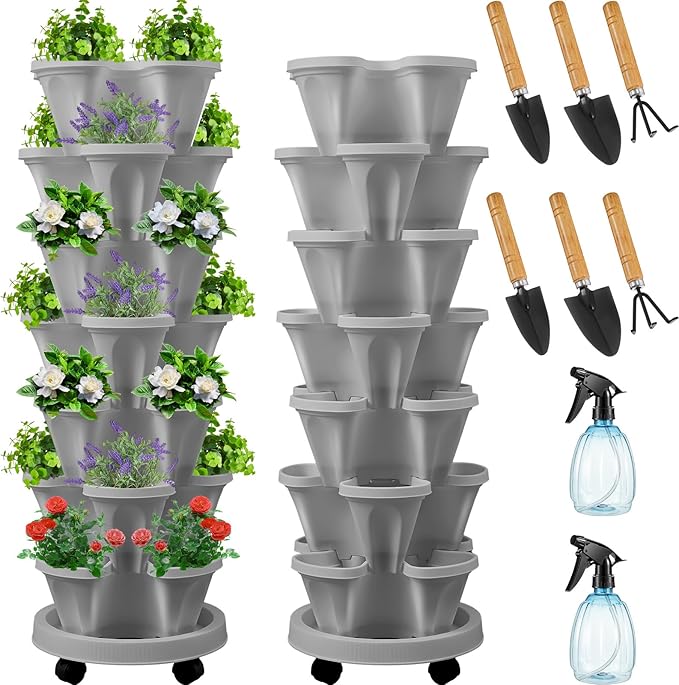 Umigy 2 Set of 7 Tier Vertical Planter Stackable Tower Planters Strawberry Herb Flower and Vegetable Pots Indoor Outdoor Gardening Pots with Removable Wheels and Tools(Light Gray)