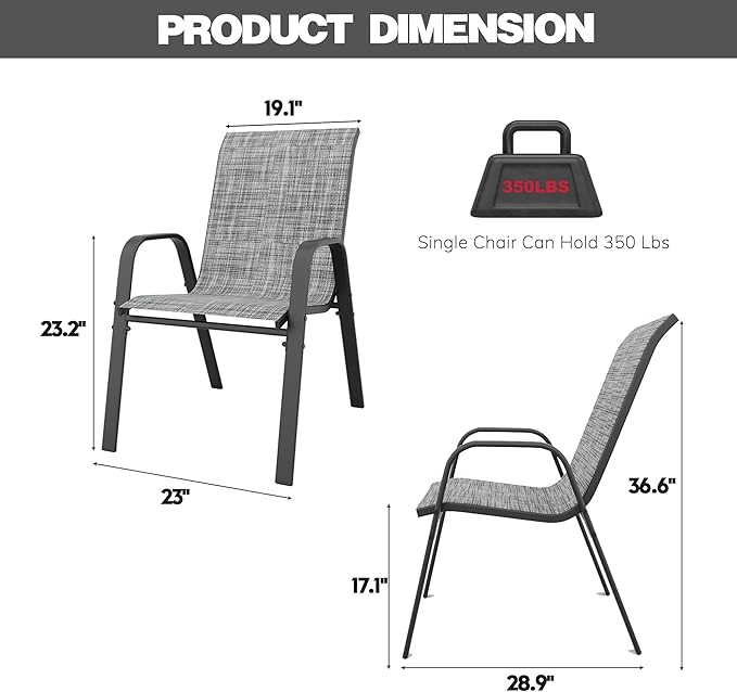 Patio Chairs Set of 8, Stackable Outdoor Dining Chairs for All Weather Textilene Fabric & Metal Frame, Outdoor Chairs Set for Backyard Deck Garden (Grey, Set of 8)