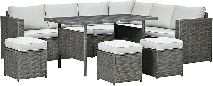 Outsunny 7 Piece Rattan Outdoor Patio Furniture Set, L-Shaped Sectional Sofa Conversation Set with Loveseats, Ottomans, Dining Table, Cushions, Storage, Mixed Gray