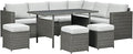 Outsunny 7 Piece Rattan Outdoor Patio Furniture Set, L-Shaped Sectional Sofa Conversation Set with Loveseats, Ottomans, Dining Table, Cushions, Storage, Mixed Gray