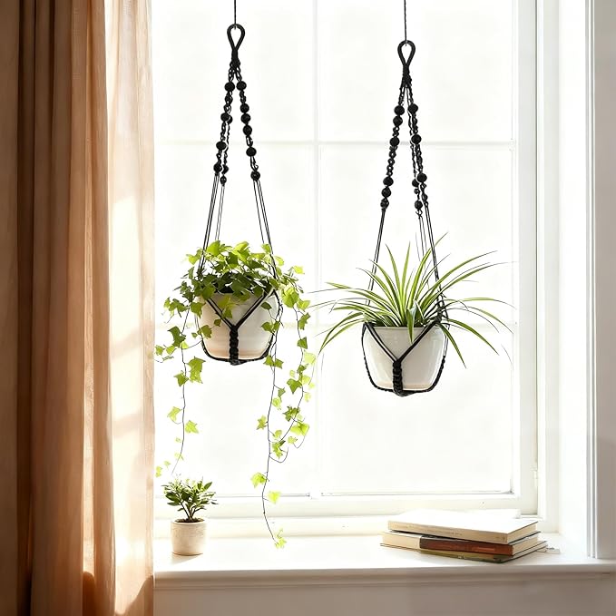 Macrame Plant Hanger, Up to 4-15 inch Pots, Wood Beads Cotton Hanging Planter Holder for Indoor Outdoor Boho Home Decor, 35 Inch, Set of 2 (Black)