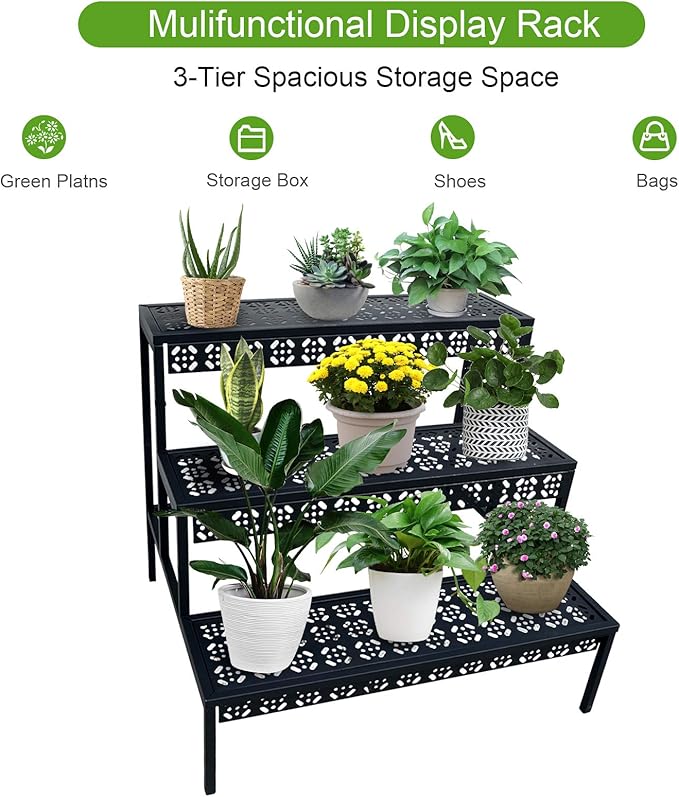 aboxoo 3 Tier Stair Style Large Metal Plant Stand, Garden Display Shelf Flower Pot Holder Storage Organizer Rack for Indoor Home Outdoor Patio Balcony Yard( Black, Rectangle)