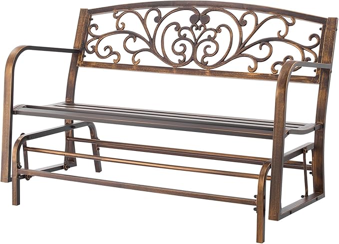 VEVOR Outdoor Bench, 50 inch, Carbon Steel Metal Frame with Cast Iron Backrest and Round Edge Armrests, Weatherproof Outside Glider Bench for Patio, Garden, Park, Yard, Front Porch, Antique Bronze