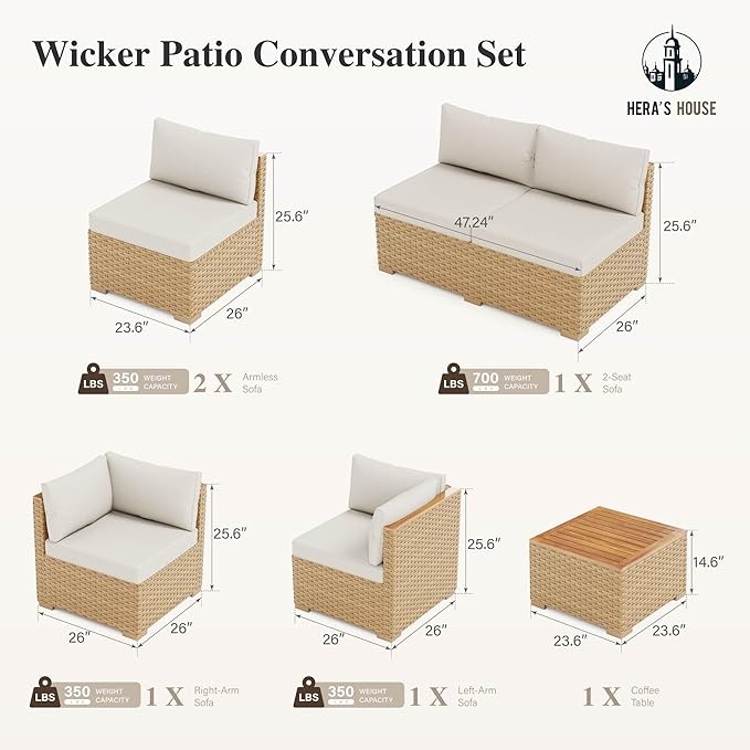 HERA'S HOUSE Wicker Patio Furniture Set, 7 Pieces Outdoor Sectional Sets with 6 Seats, Rattan Conversation Set with Sofa and Wood Coffee Table for Garden and Backyard, l Shape Boho Balcony Couch Set
