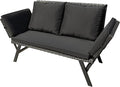 Greesum Outdoor Sofa, Woven Rattan Patio Furniture, Convertible Daybed or Double Chair with Adjustable Armrests, Cushions and Pillows for Yard, Porch, Pool, Black Lounger & Black Pillowcase