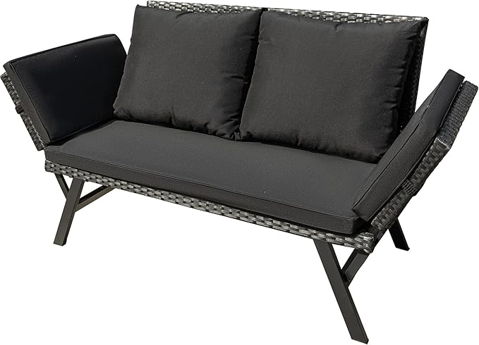 Greesum Outdoor Sofa, Woven Rattan Patio Furniture, Convertible Daybed or Double Chair with Adjustable Armrests, Cushions and Pillows for Yard, Porch, Pool, Black Lounger & Black Pillowcase