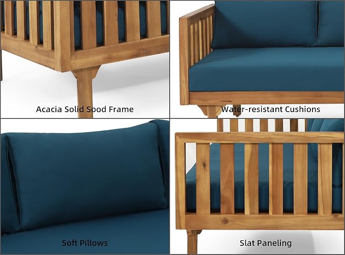 Merax Outdoor 3 Seater Daybed, Acacia Wood Day Bed Couch Sofa with Cushions for Patio Backyard, Garden, Blue