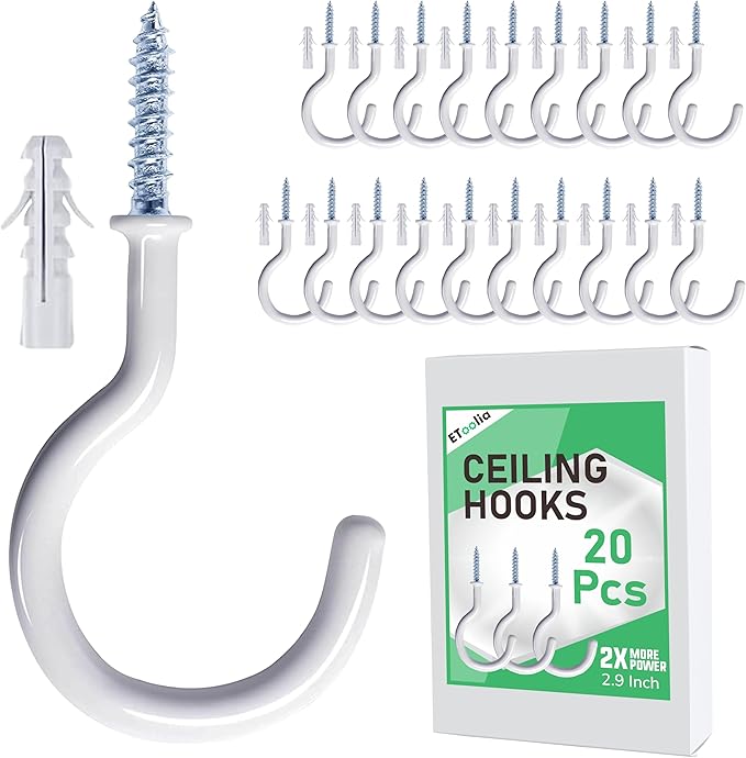 20 Pcs Ceiling Hooks for Hanging Plants - 2.9 inches Heavy Duty, Hanging Hooks for Christmas Lights, Cups, Decors - White Vinyl Coated Screw in Plant Hanger Hook Indoor and Outdoor