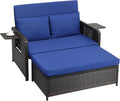 VINGLI Patio Daybed, Wicker Outdoor Daybed with Storage Ottoman & 5-Level Adjustable Backrest, All-Weather Rattan Cushioned Patio Loveseat Sofa for Garden Balcony Backyard (Navy, Brown)