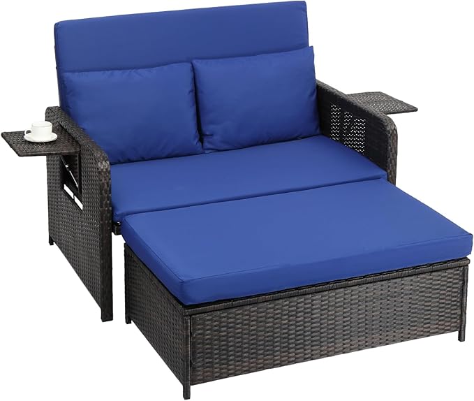 VINGLI Patio Daybed, Wicker Outdoor Daybed with Storage Ottoman & 5-Level Adjustable Backrest, All-Weather Rattan Cushioned Patio Loveseat Sofa for Garden Balcony Backyard (Navy, Brown)