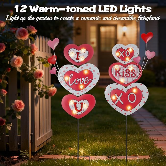 Lewondr 2 Pcs Valentine's Day Decorations Outdoor, Metal Solar Pathway Lights, Love Heart Decorative Garden Stakes Lights with 18 LED Beads, Waterproof Yard Signs for Porch Lawn Wedding Anniversary