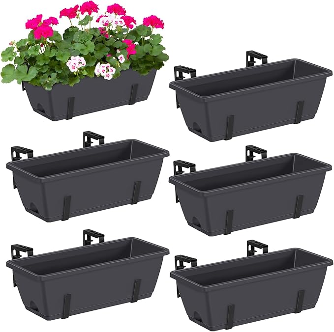 CADUKE Railing Planter Boxes 6 PCS, Planter Boxes with Adjustable Bracket, Deck Rail Planters for Outdoor Plants, Flower Pots for Balcony Garden Decor, Gray