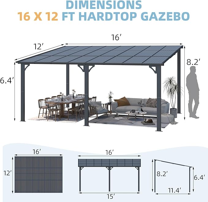 AECOJOY 16' x 12' Gazebo Outdoor Pergola for Patio, 12x16 Large Wall-Mounted Hard Top Lean to Metal Gazebo Shelter Pergolas and Gazebos Clearance with Patio Roof, Heavy Duty Awnings for Decks