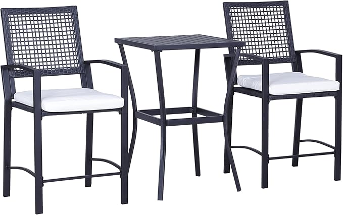 Outsunny 3pcs Patio Bar Set with Soft Cushion, Rattan Wicker Outdoor Furniture Set for Backyards, Lawn, Deck, Poolside