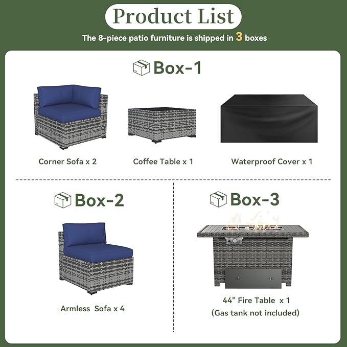 Aoxun 8 Piece Patio Furniture Set with 44'' Fire Pit Table Wicker Rattan Patio Conversation Set Outdoor Sectional Sofa Set with Coffee Table, Grey/Blue(Waterproof Cover Included)