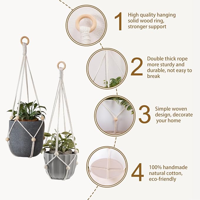 Artilady Hanging Planter for Indoor Plants Macrame Plant Hanger Large Hanging Plant Holder with Adjustable Beads Plants Basket White Rope Boho Plant Wall Decor (White Bead-2pcs)