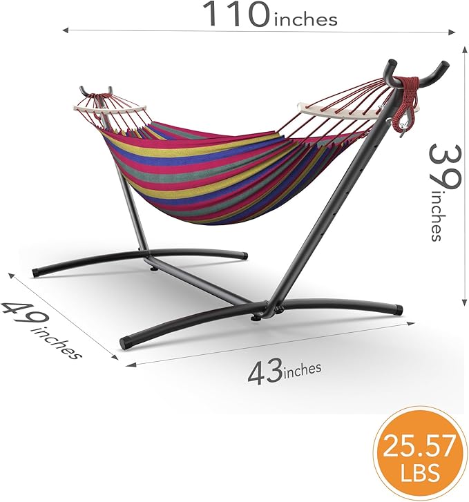 Double Hammock with Heavy-Duty Steel Stand,Portable,Easy Assembly,600lbs Weight Capacity,Suit for Indoor,Yard,Camping,or Outdoor-Wide Red